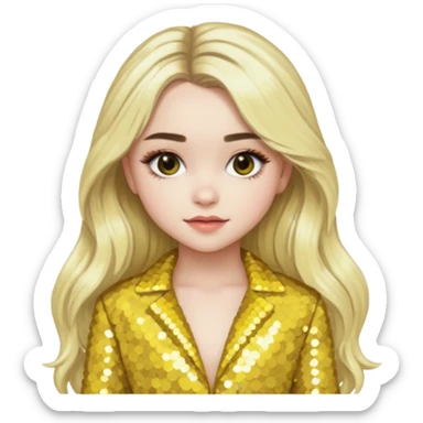 Sabrina Carpenter with long platinum blonde hair, yellow sequin outfit sticker