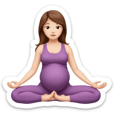Pregnant woman sitting in a yoga pose with long brown hair and fair skin,." sticker