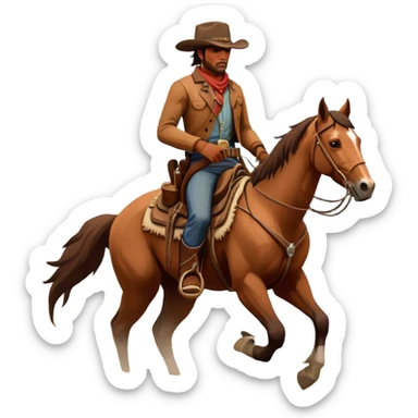 An icon representing an adventure game, inspired by Red Dead Redemption II. The design features a rugged cowboy riding a horse through a vast, open landscape with mountains, deserts, and wild animals. The atmosphere conveys exploration, action, and the thrill of the journey. Transparent background sticker
