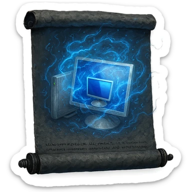 Design a glintstone sorcery scroll featuring the Windows 'My Computer' icon as a magical relic, with swirling blue energy, faint glyphs, and a mystical aura, all integrated into the scroll. The image should have a transparent background and be 1080 x 1080 in resolution. sticker