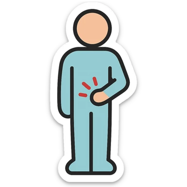 minimal gender-neutral human figure standing upright, one hand gently resting on lower abdomen, soft friendly style, no visible muscles, simple shapes, soft colors, subtle abdominal discomfort, clean vector illustration, no background sticker