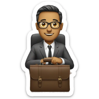 A man sits with a briefcase and glasses at a desk sticker
