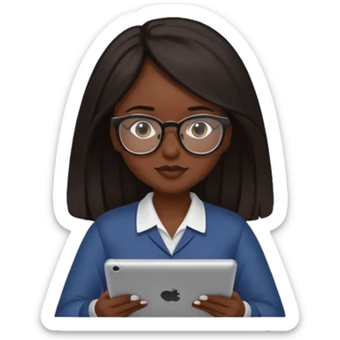 Yo, una chica de piel morena de pelo largo oscuro con lentes para ver, con la tablet trabajando  sticker