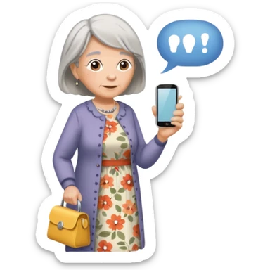 An old lady walking in a park holding a cell phone with a text bubble that says Have you checked in to the meetup? sticker