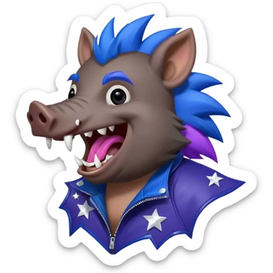 Sticker,A wild boar laughing loudly with a dark blue mohawk with purple and blue hues, wearing a black leather jacket, a wild boar with fangs, but not dangerous,  decorated with stars, ((cheerful, laugh)), surrounded by white outline, on transparent background sticker