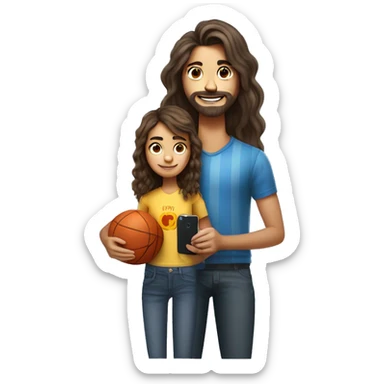 dibujo estilo pixar de un hombre, con barba, el pelo gris, una mujer con el pelo rizado y castaño. Una hija de 17 años el pelo liso castaño con un iPhone en la mano. Un hijo de 10 años con un balón de futbol en la mano. sticker