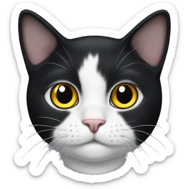 a cute tuxedo cat face with black ears and white face, big round yellow eyes with black pupil sticker