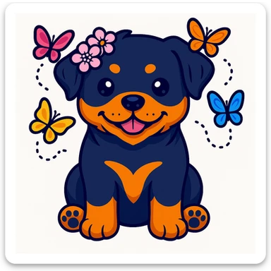 Add butterflies fluttering around the rottweiler with a cherry blossom flower crown, keep the original style and colors sticker style sticker