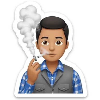 Vaquero camisa de cuadros blanca con negro y chaleco azul  joven sacando humo  sticker