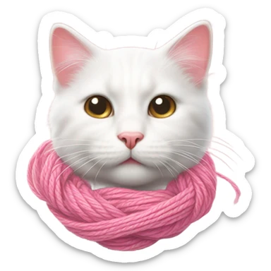 Realistic white cat playing with pink yarn sticker
