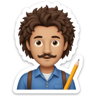 Make a cute guy with bouncy curly dark brown hair with a disconnected goatee and medium skin with a thin parted pencil mustache and lion ears sticker