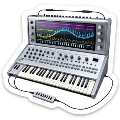 Create a professional and detailed emoji that represents sound design. The design should feature a high-end studio synthesizer, specifically a Korg synthesizer, with a mixing console and control panel, all connected with audio cables. Surround the equipment with flowing sound waves or musical notes to symbolize the creation and manipulation of sound. Use colors like metallic silver, black, and neon accents to emphasize the technical, creative nature of sound design. The background should be transparent. sticker