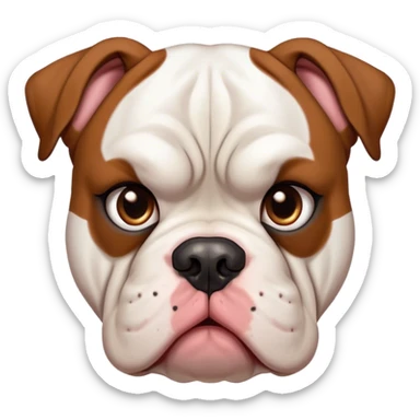 Cinematic Grumpy White and Brown American Bulldog Portrait Emoji, Head tilted slightly with a deeply unimpressed expression, thick white fur with dark brown patches and a furrowed brow, large, droopy eyes narrowed into an unamused glare, jowls slightly sagging in exasperation, Simplified yet comically expressive features, highly detailed, glowing with a dry, sarcastic glow, high shine, effortlessly judgmental yet dignified, stylized with a touch of cynicism, bright but brooding, soft glowing outline, capturing the essence of an eternally unimpressed yet endearing pup, so lifelike it feels like it could sigh heavily at you in disdain at any moment! sticker