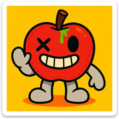 Appleton the Apple plush character, vibrant toon style, red apple plush with light grey limbs, left eye with an X, ichor oozing from the stem without leaf, wide grin sticker