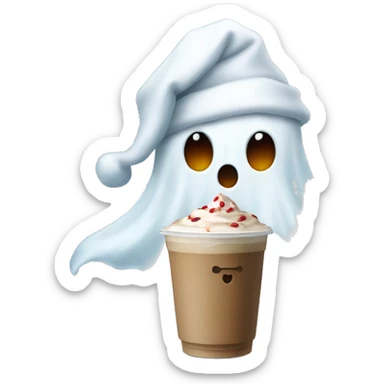 Ghost wearing a Christmas hat drinking an iced coffee sticker