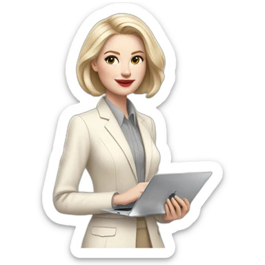 pale skin woman with ash blonde Straightened bob Hair, White Spacious classical jacket, beige palazzo Arrow pants and gray blouse holding a MacBook in the hands sticker