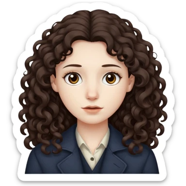 Pale skin, long curly dark brown hair, medium brown eyes. sticker