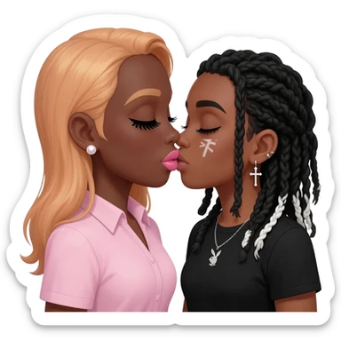 Bimbo, pearl earrings stud, Light pink cute lips, long middle part with long light ginger hair, dark brown skin, playboy necklace with lashes, light pink shirt, kissing the goth black girl with brown skin, cross earrings, ankh necklace with dreadlocks with white paint on face sticker