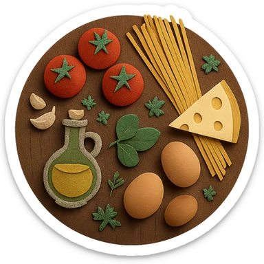 A realistic top-down view of a wooden kitchen table with various common ingredients neatly arranged (like tomatoes, pasta, eggs, cheese, herbs, olive oil). The background should be dark and soft to match a modern app interface. Lighting should highlight the ingredients naturally, with soft shadows. No text, no hands, minimalistic but warm and homely, like a mobile UI background for a cooking app. Should be circle sticker