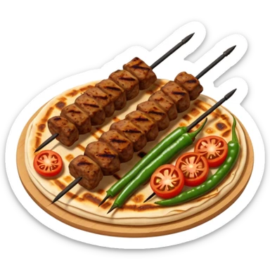 Adana kebab object icon, spicy grilled minced meat skewer, served on flatbread, grilled tomatoes and green peppers on the side, smoky char marks, juicy texture, 3D cartoon, mobile game icon style, centered, clean background, no text, no watermark
 sticker