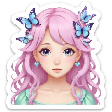 gorgeous anime pastel lady with butterflies and beautiful hair fairycore cottagecore sticker