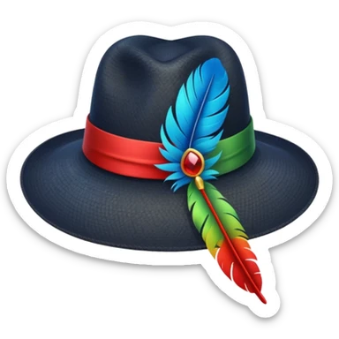 black wide-brimmed hat with a colorful feather sticker