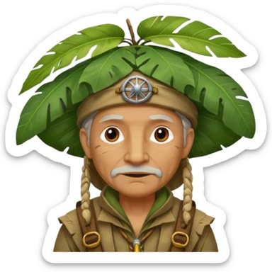 a old explorer with jungle wearing a large leaf headgear bye  sticker
