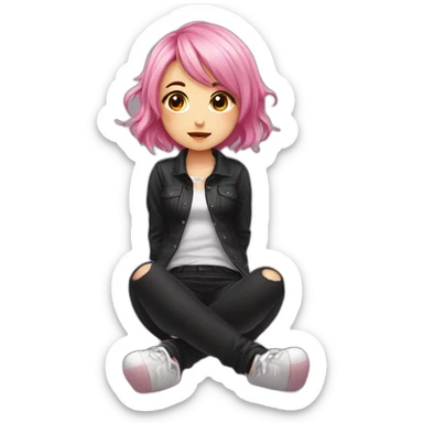 Full body Front view curvy emo girl pink hair sits on the floor straight view hands up black skirt белые трусики sticker