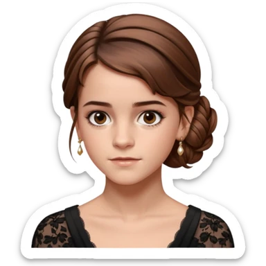 Cinematic Emma Watson Realistic Rococo Portrait, depicted with lifelike skin texture, subtle rosy undertones, and soft natural lighting that enhances the gentle contours of her face. Her intricately detailed brown hair is elegantly styled in an updo, sticker