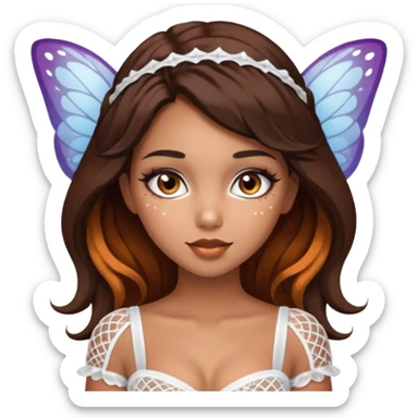 Pretty girl with caramel skin. Dark brown hair and brown eyes. She has freckles. Wearing sexy makeup. Wearing a fairy costume. wearing white fishnet tights on legs and heels on feet sticker