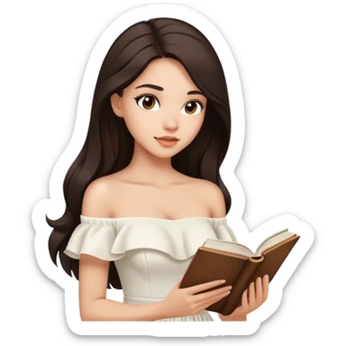 Beautiful woman in 1950’s woman fashion look, off-shoulder white dress, long dark brown hair, reading  sticker