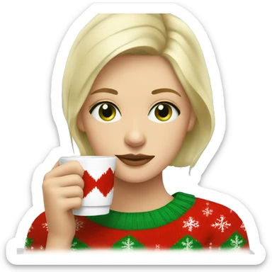 Short haired blonde girl with green eyes drinking coffee wearing Christmas sweater sticker