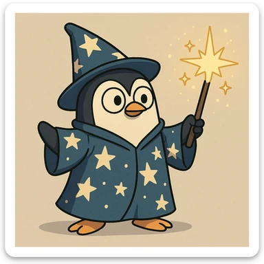 a cute penguin wizard with a starry robe and a wand, casting a spell, in a cartoon style sticker