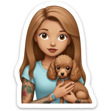 a  girl with Light brown  Straight long hair and tattoos and a miniature poodles sticker