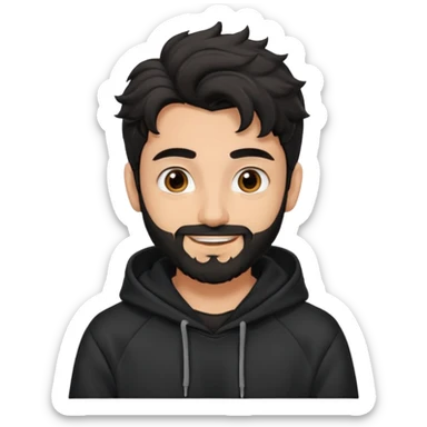 young fair skin pakistani guy smiling with black beard, wavy hair pushed back and brown eyes and big eyebrows, wearing black hoodie sticker