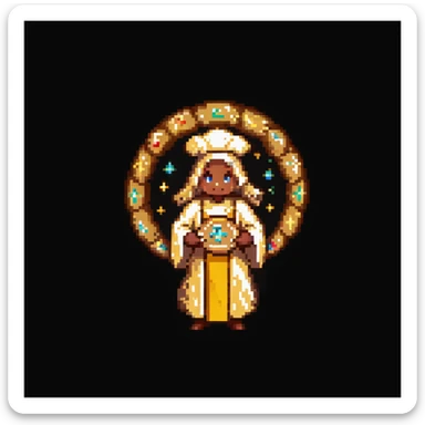 Portrait of a radiant baker with a glowing halo, golden robes, and a cookie-shaped aura, skeuomorphism style sticker