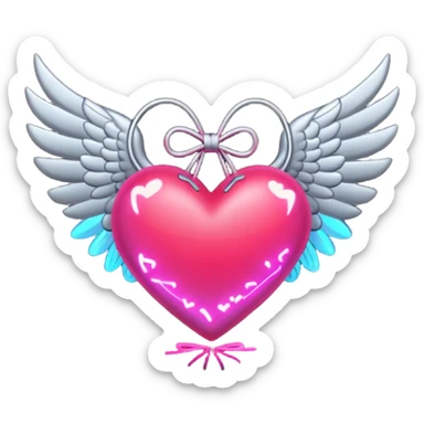 neon heart with a silver bow with heart pattern on the bow, with wings sticker