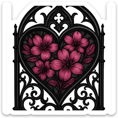 goth sakura heart, gothic stained glass, black lead lines, deep pink sakura, ornate and luminous sticker