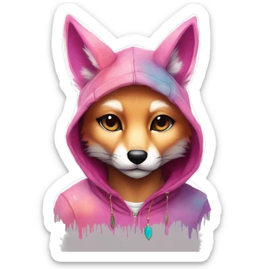 Pink magenta burgundy maroon cyan beige gray fox wearing a pink hoodie with gold jewellery gold piercings gold ear piercing gold nose piercing vintage watercolour tie dye black raven wings sticker