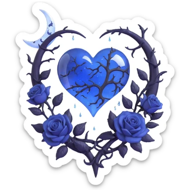 gothic heart, midnight blue glass, silver crescent moon, black roses, stardust, lightning, rain, cracked glass, surreal style sticker