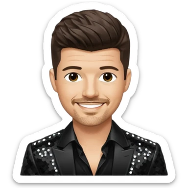 Robin Thicke with dark brown hair, black sequin outfit, light skin sticker