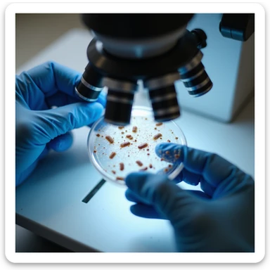 realistic close-up of slide with fecal sample and visible parasites under microscope, doctor's gloved hands sticker