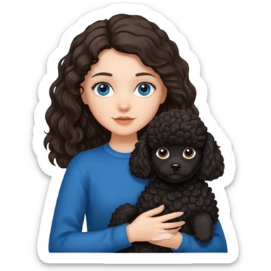 Brunette girl with long wavy hair and blue eyes holding one black puppy poodle with black fur and brown eyes. No decoration on the dog.  sticker