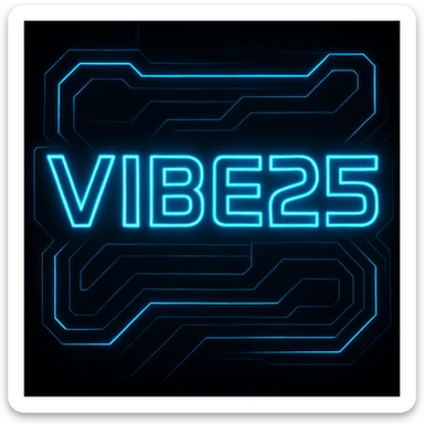 Add a strong neon blue glow around the VIBE25 logo, set the background to solid black, keep the Tron-inspired futuristic style with glowing lines and a high-tech digital aesthetic. sticker