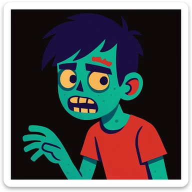 zombie boy with black emo hair on a black background, modern illustration style sticker