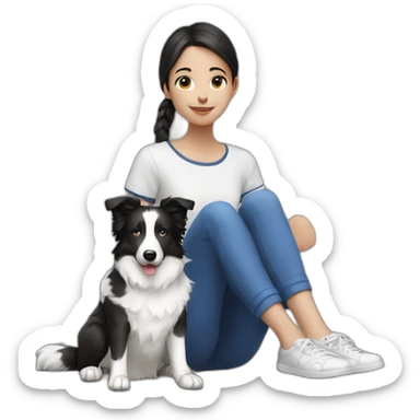 A girl sits with a Blue and white border collie sticker
