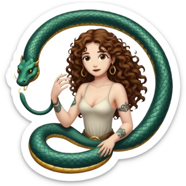 full body woman long curly brown hair brown eyes white skin tattoos ouroboros serpent ring floating behind her like halo sticker
