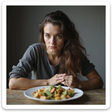adult woman, photorealistic, diet not working, vacant stare, sitting at table with healthy food, sad atmosphere, natural light, kitchen background sticker