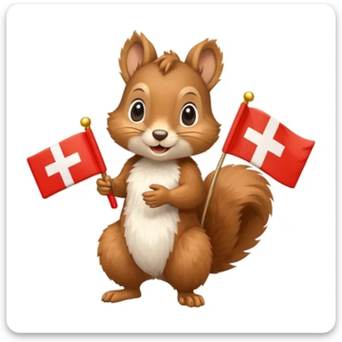 a squirrel holding a gift box in one hand and a Swiss flag in the other, both objects clearly visible, simple white background sticker