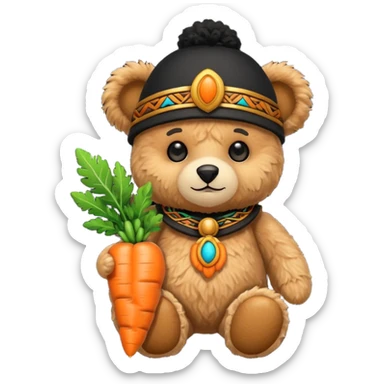 teddy bear, wearing black mayan ancient custome, with carrot sticker